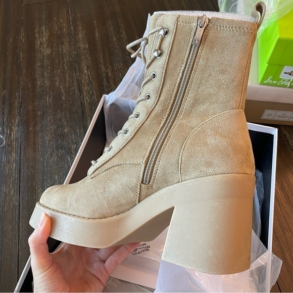 New Steven New York by Steve Madden Faux Suede Beena Heeled Combat Boot in Sand - Picture 3 of 4